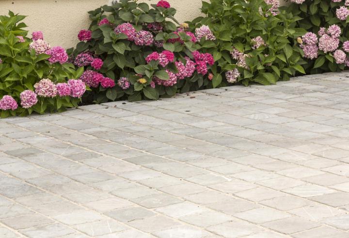 Une allée en pavage est une architecture dans le jardin.